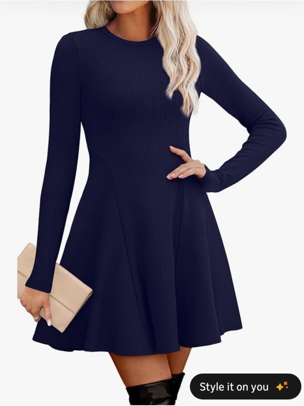Long-Sleeve Navy Fit & Flare Dress